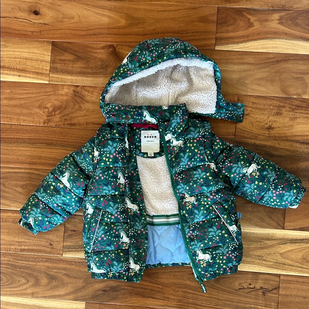 Boden Forest Green Unicorn Print Puffer Jacket
